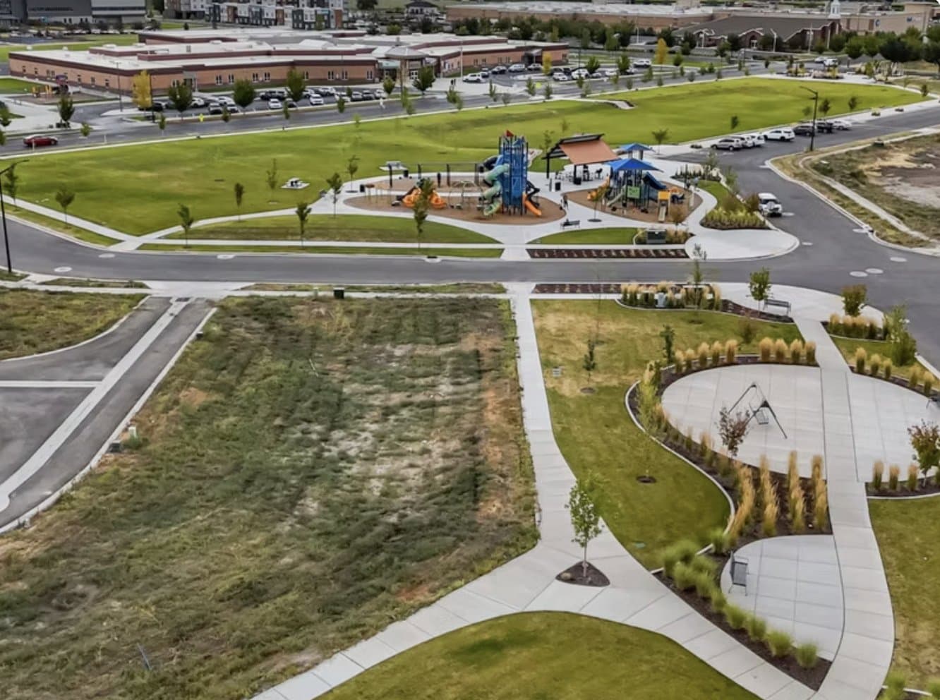 Aerial view of the Huntington Ranch community park and playground.