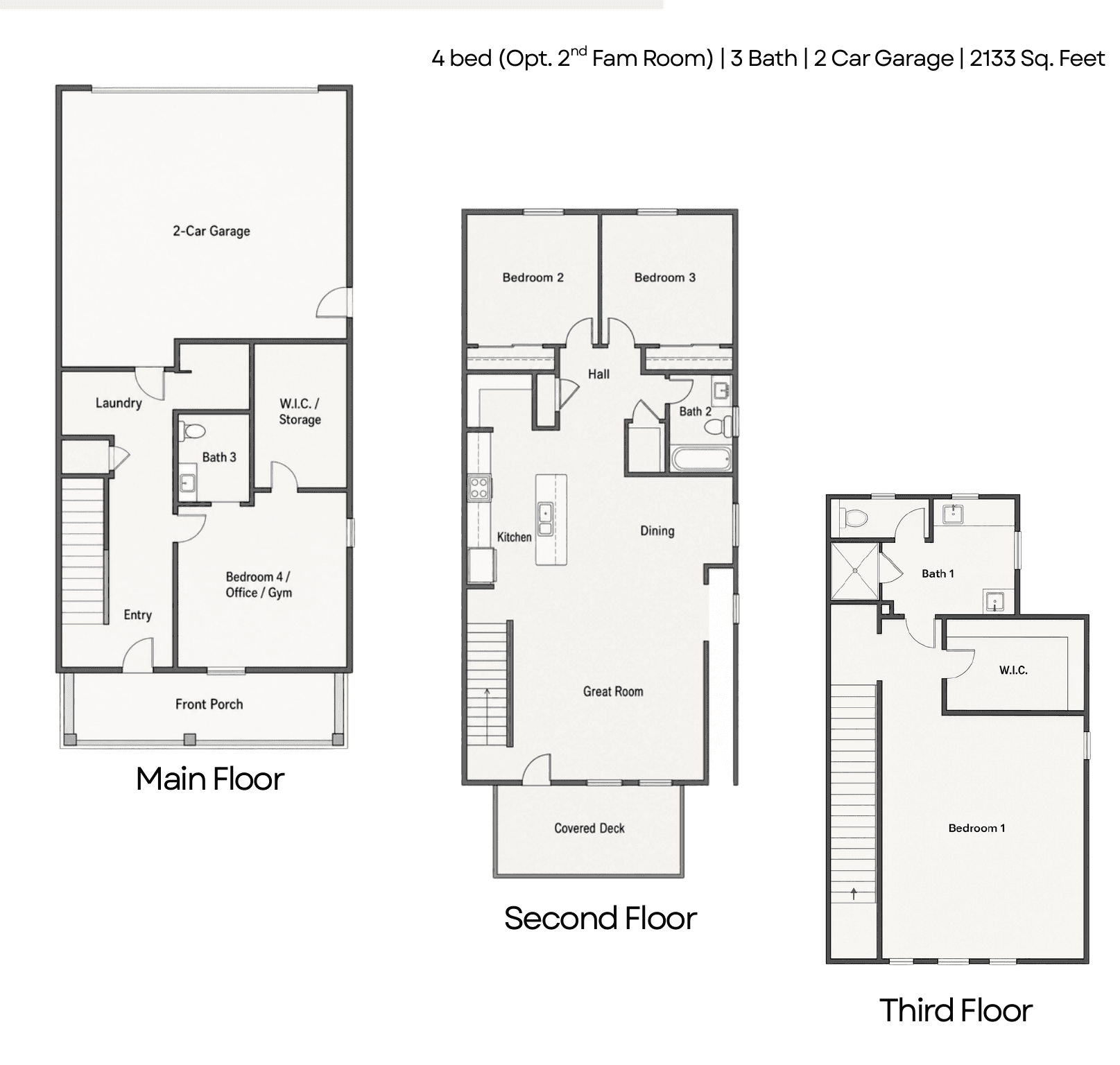 The Cottages Plan 1 floor plans for the main, second, and third floors.