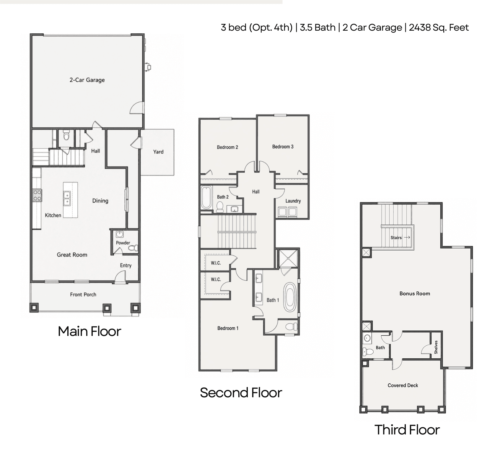The Cottages Plan 2 floor plans for the main, second, and third floors.