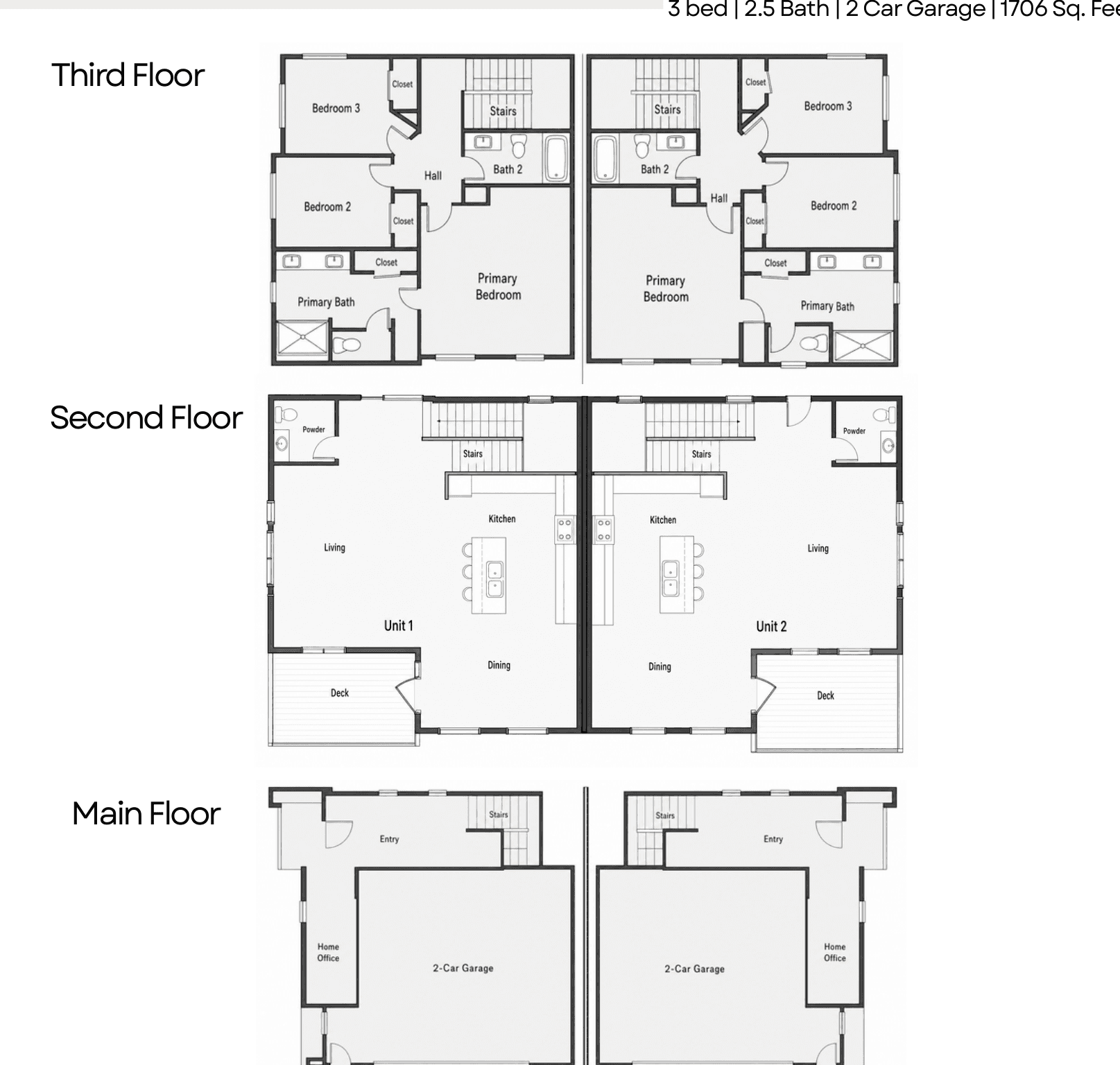 The Lofts Twin Attached floor plans for the main, second, and third floors of both units.