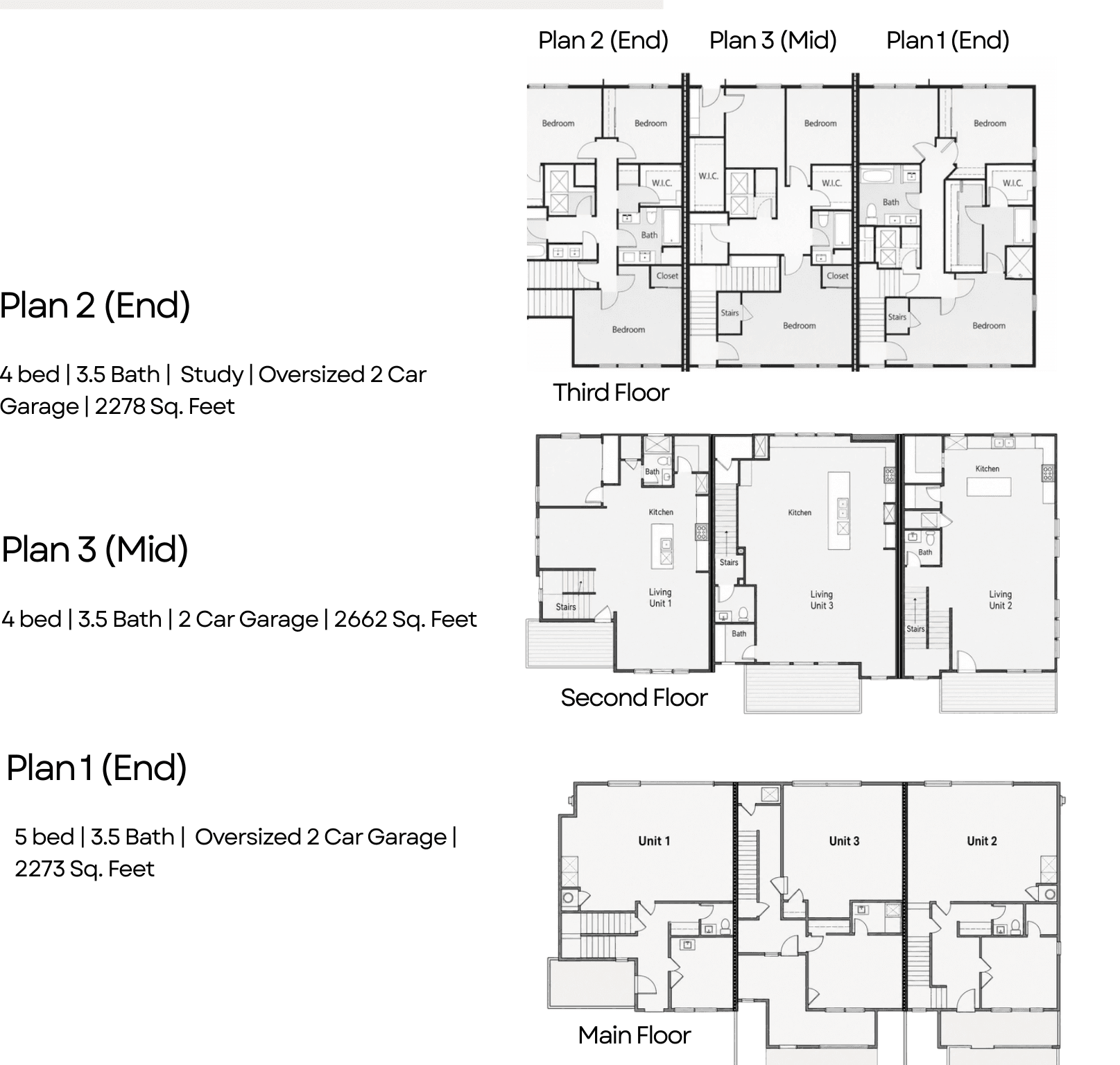 The Towns floor plans for the main, second, and third floors across the three units.