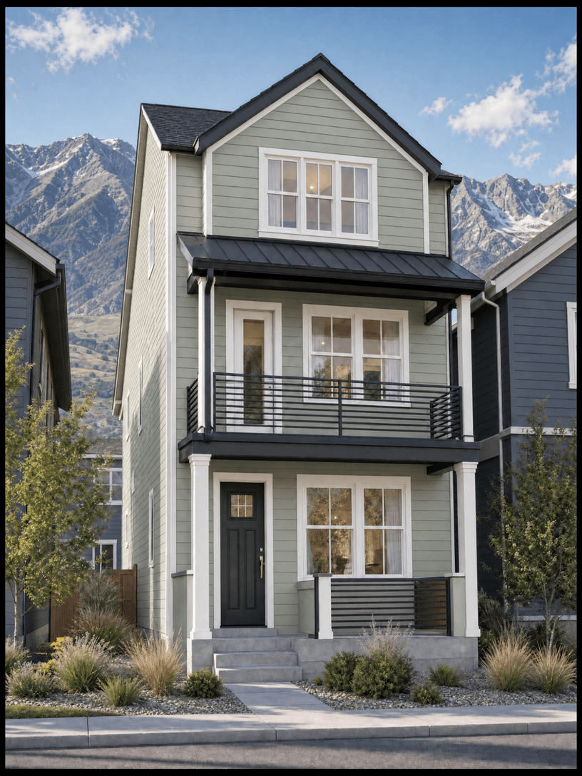 The Cottages Plan 1, a sage green three-story craftsman home with a covered porch and balcony.