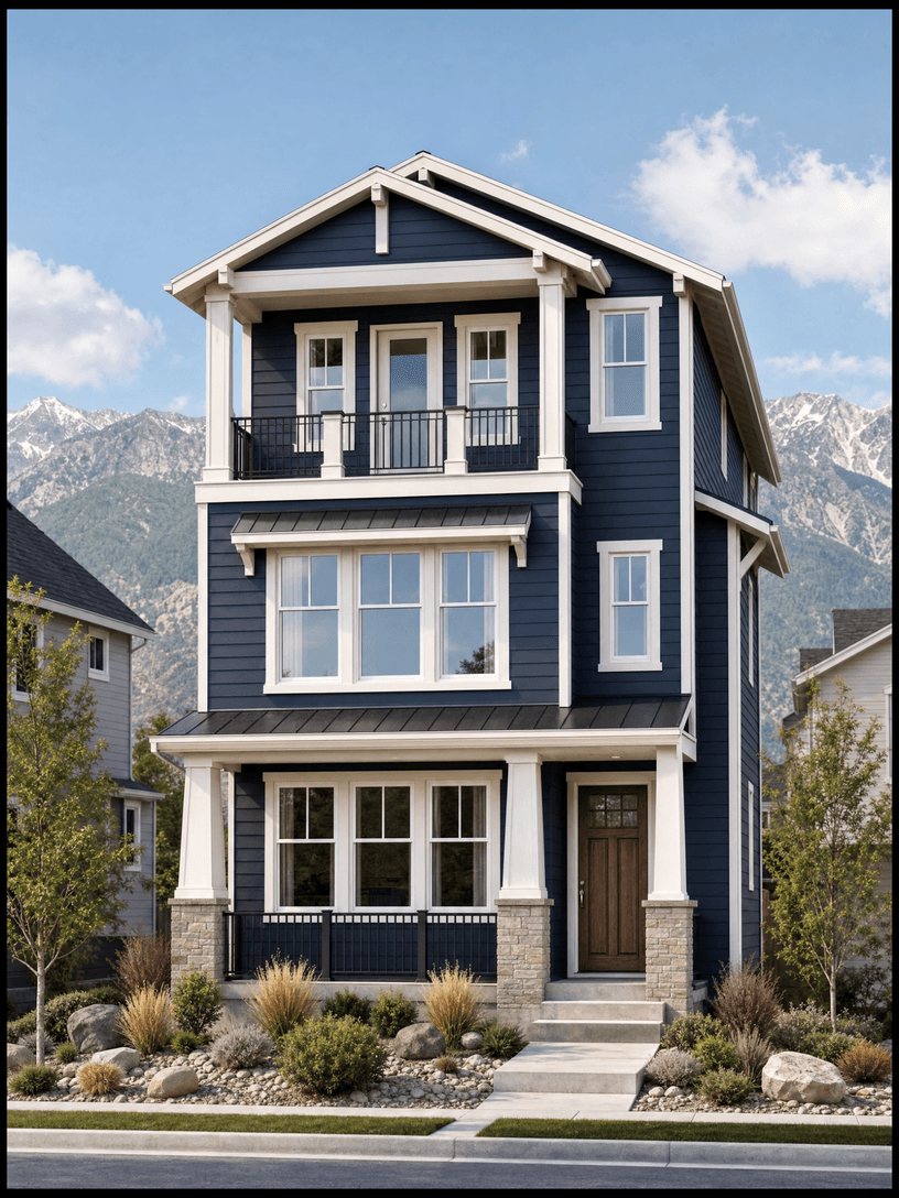The Cottages Plan 2, a navy three-story home with white trim, a stone base, and a covered porch.