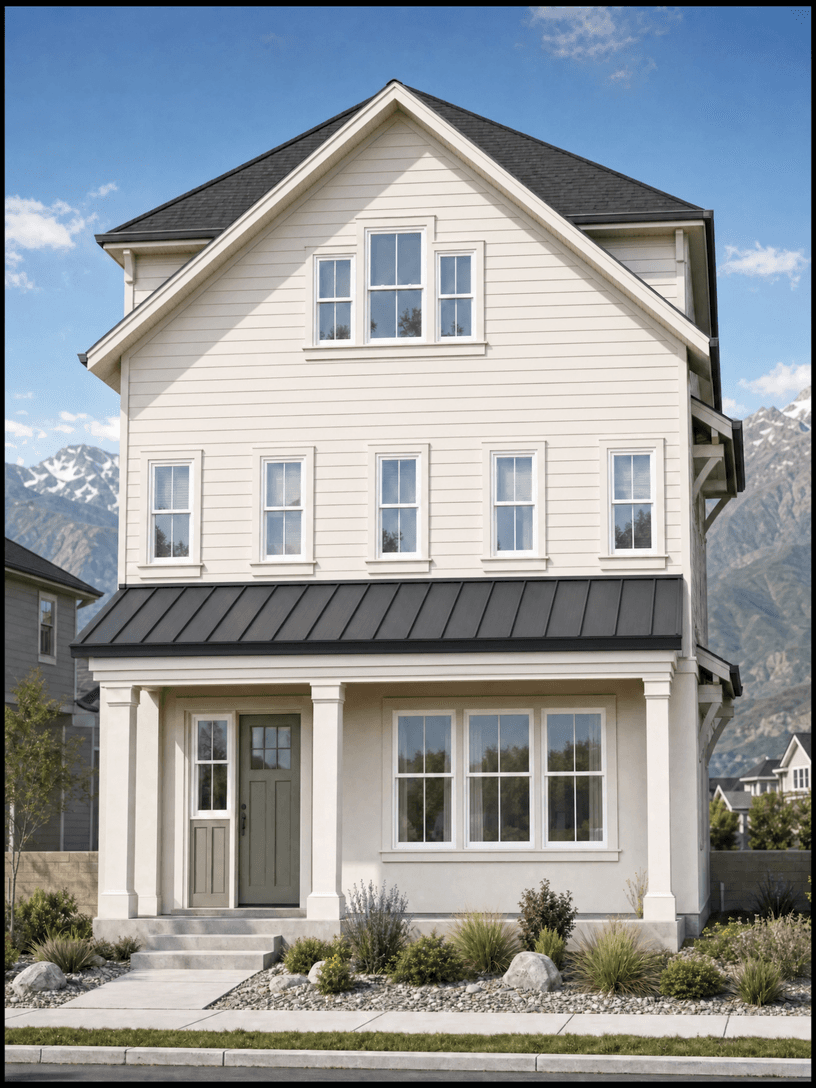 The Cottages Plan 3, a cream three-story home with a columned porch and a standing-seam metal awning.
