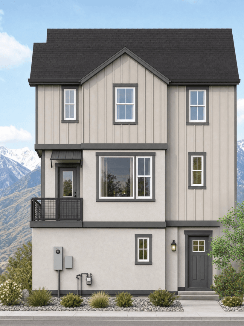 The Lofts 100, a detached three-story home in warm greige with board-and-batten gables.